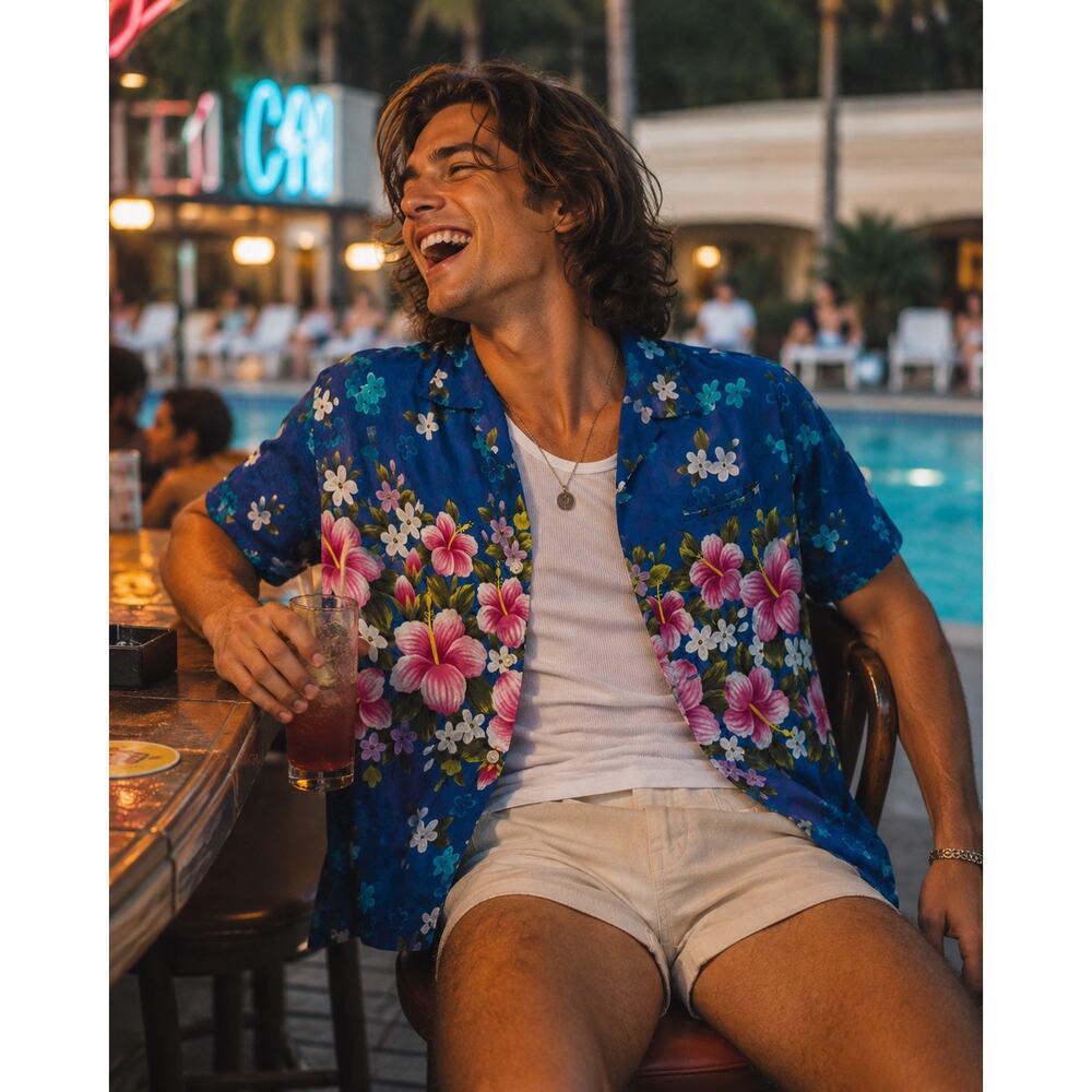 Vintage 60s Ui-Makai Aloha Hawaiian Shirt Vibrant Blue/Pink Hibiscus Print M/L